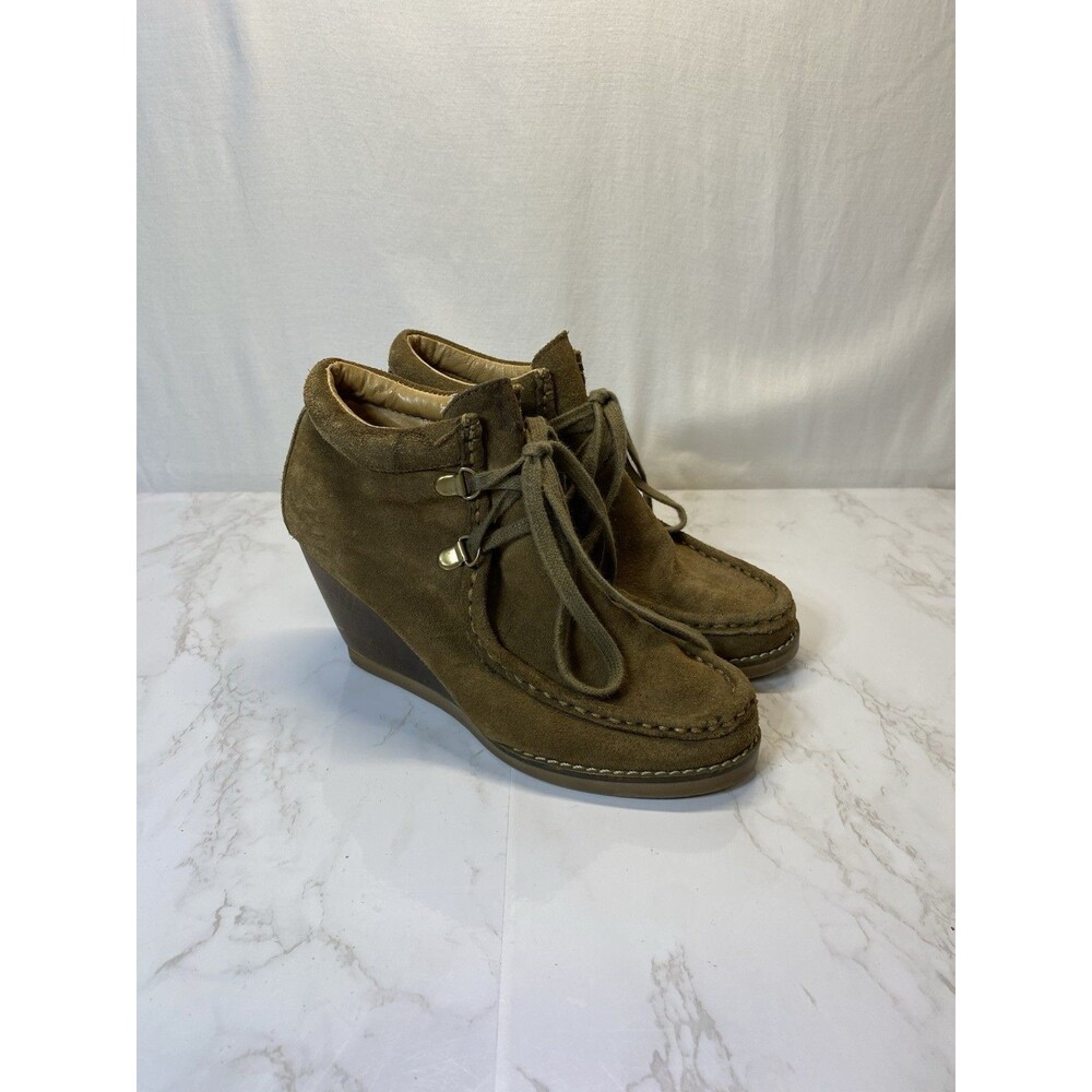 Very Volatile Moby Brown Green Suede Stacked Wedge Boot Women's Size 6 Lace Up